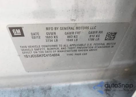 2012 Chevrolet Sonic Lt z USA, uszkodzony, nr VIN 1G1JC5SH7C4154884